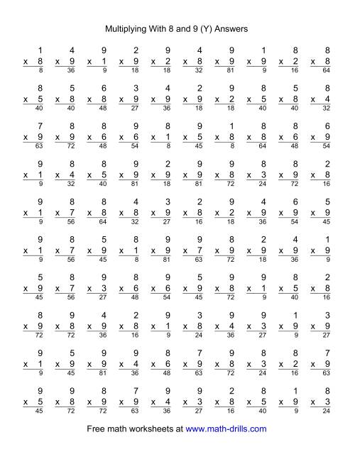 The 100 Vertical Questions -- Multiplication Facts -- 8-9 by 1-9 (Y) Math Worksheet Page 2