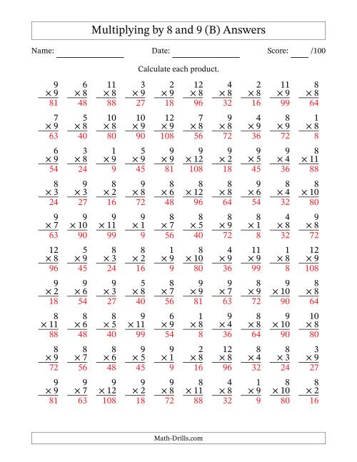 The Multiplying (1 to 12) by 8 and 9 (100 Questions) (B) Math Worksheet Page 2