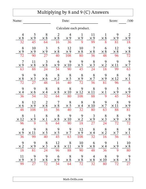The Multiplying (1 to 12) by 8 and 9 (100 Questions) (C) Math Worksheet Page 2