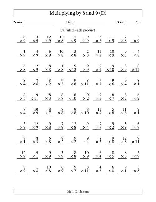The Multiplying (1 to 12) by 8 and 9 (100 Questions) (D) Math Worksheet