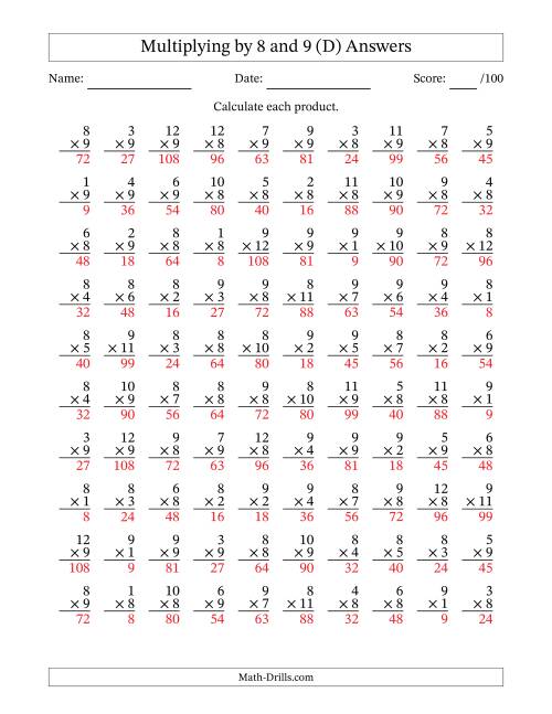 The Multiplying (1 to 12) by 8 and 9 (100 Questions) (D) Math Worksheet Page 2