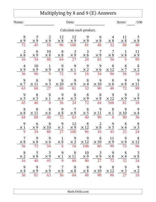 The Multiplying (1 to 12) by 8 and 9 (100 Questions) (E) Math Worksheet Page 2