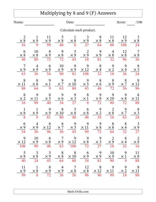 The Multiplying (1 to 12) by 8 and 9 (100 Questions) (F) Math Worksheet Page 2