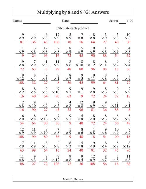 The Multiplying (1 to 12) by 8 and 9 (100 Questions) (G) Math Worksheet Page 2