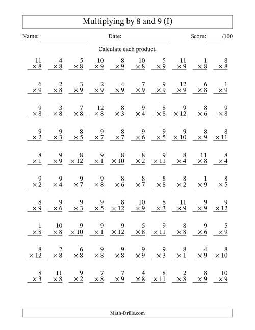 The Multiplying (1 to 12) by 8 and 9 (100 Questions) (I) Math Worksheet