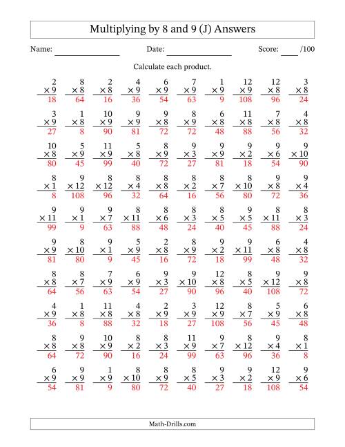 The Multiplying (1 to 12) by 8 and 9 (100 Questions) (J) Math Worksheet Page 2