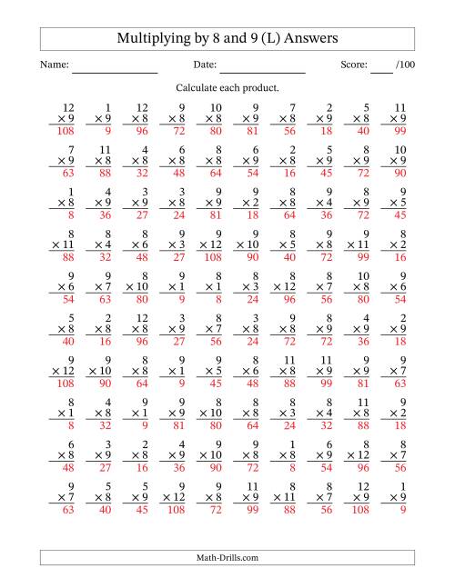The Multiplying (1 to 12) by 8 and 9 (100 Questions) (L) Math Worksheet Page 2