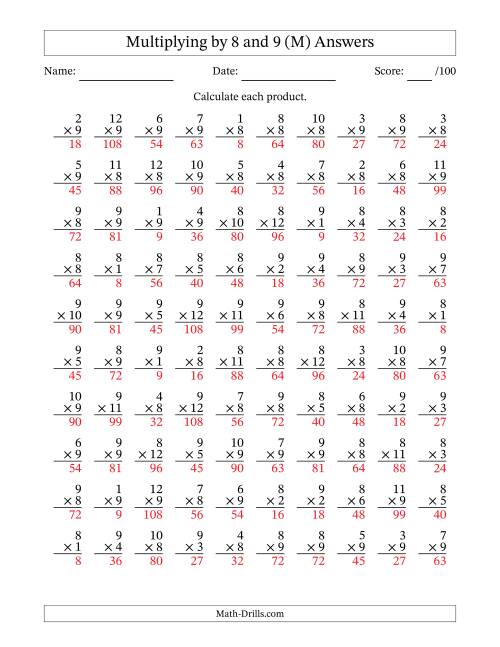 The Multiplying (1 to 12) by 8 and 9 (100 Questions) (M) Math Worksheet Page 2