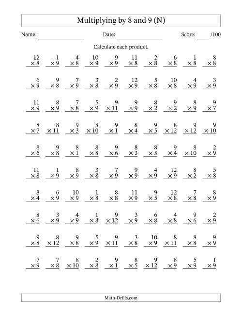 The Multiplying (1 to 12) by 8 and 9 (100 Questions) (N) Math Worksheet