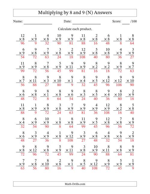 The Multiplying (1 to 12) by 8 and 9 (100 Questions) (N) Math Worksheet Page 2