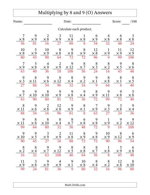 The Multiplying (1 to 12) by 8 and 9 (100 Questions) (O) Math Worksheet Page 2