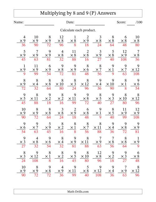 The Multiplying (1 to 12) by 8 and 9 (100 Questions) (P) Math Worksheet Page 2