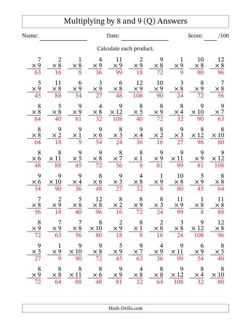 The Multiplying (1 to 12) by 8 and 9 (100 Questions) (Q) Math Worksheet Page 2