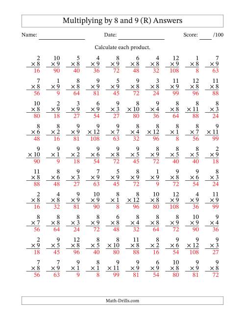 The Multiplying (1 to 12) by 8 and 9 (100 Questions) (R) Math Worksheet Page 2