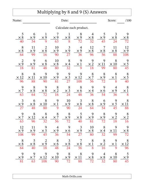 The Multiplying (1 to 12) by 8 and 9 (100 Questions) (S) Math Worksheet Page 2