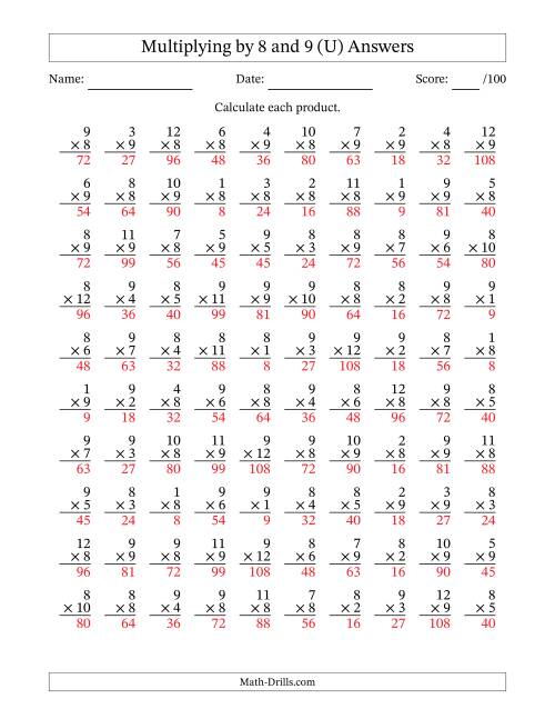 The Multiplying (1 to 12) by 8 and 9 (100 Questions) (U) Math Worksheet Page 2