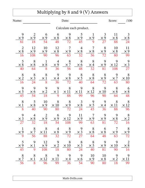 The Multiplying (1 to 12) by 8 and 9 (100 Questions) (V) Math Worksheet Page 2