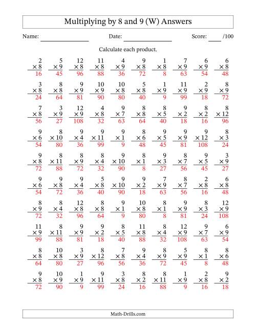 The Multiplying (1 to 12) by 8 and 9 (100 Questions) (W) Math Worksheet Page 2