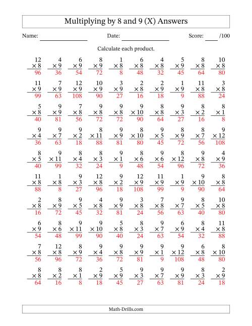The Multiplying (1 to 12) by 8 and 9 (100 Questions) (X) Math Worksheet Page 2