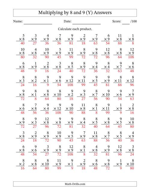 The Multiplying (1 to 12) by 8 and 9 (100 Questions) (Y) Math Worksheet Page 2