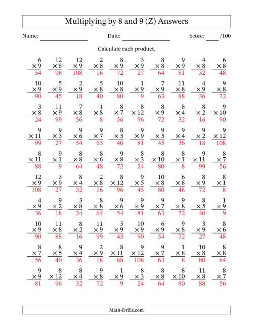 The Multiplying (1 to 12) by 8 and 9 (100 Questions) (Z) Math Worksheet Page 2