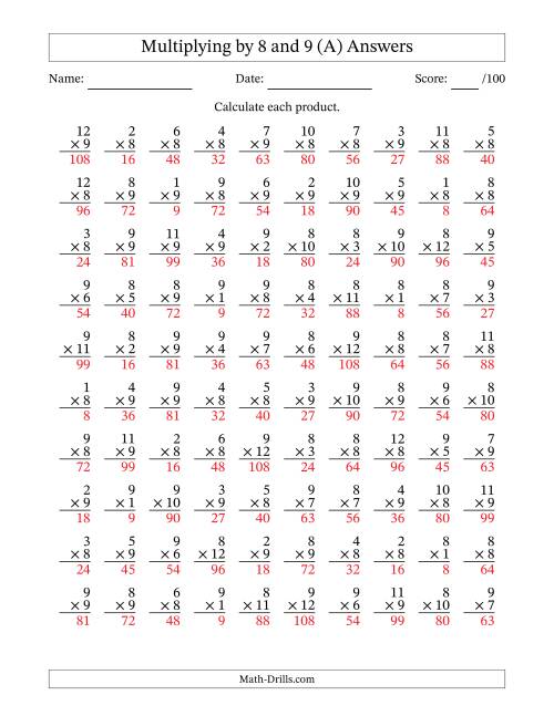 The Multiplying (1 to 12) by 8 and 9 (100 Questions) (All) Math Worksheet Page 2