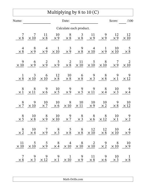 The Multiplying (1 to 12) by 8 to 10 (100 Questions) (C) Math Worksheet