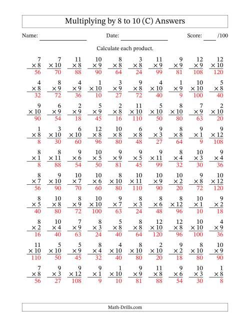 The Multiplying (1 to 12) by 8 to 10 (100 Questions) (C) Math Worksheet Page 2