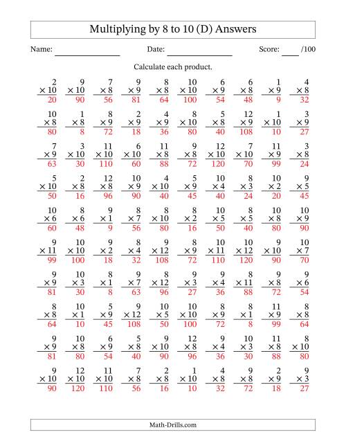 The Multiplying (1 to 12) by 8 to 10 (100 Questions) (D) Math Worksheet Page 2