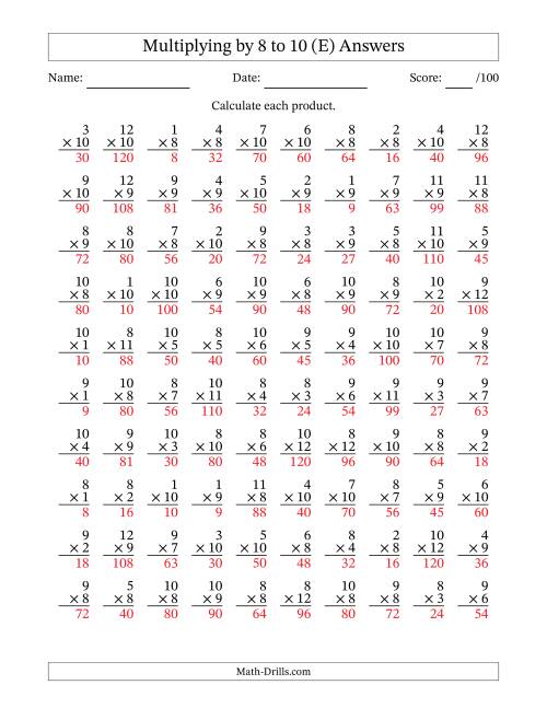 The Multiplying (1 to 12) by 8 to 10 (100 Questions) (E) Math Worksheet Page 2