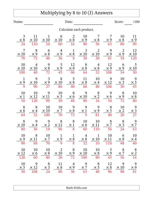 The Multiplying (1 to 12) by 8 to 10 (100 Questions) (J) Math Worksheet Page 2