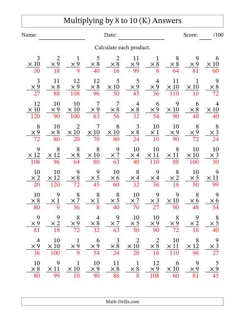 The Multiplying (1 to 12) by 8 to 10 (100 Questions) (K) Math Worksheet Page 2