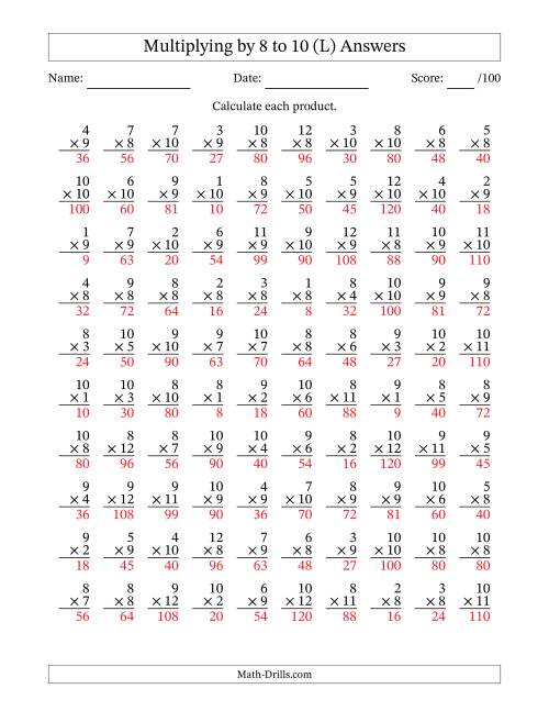 The Multiplying (1 to 12) by 8 to 10 (100 Questions) (L) Math Worksheet Page 2
