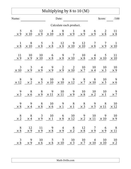 The Multiplying (1 to 12) by 8 to 10 (100 Questions) (M) Math Worksheet