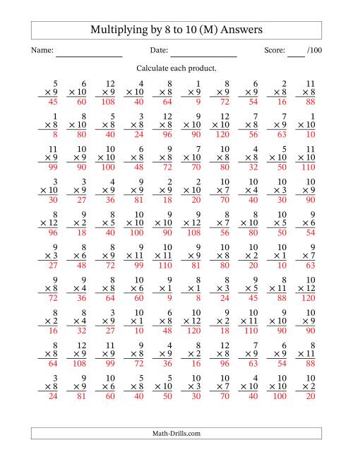 The Multiplying (1 to 12) by 8 to 10 (100 Questions) (M) Math Worksheet Page 2