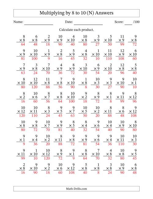 The Multiplying (1 to 12) by 8 to 10 (100 Questions) (N) Math Worksheet Page 2