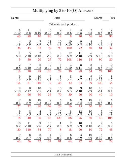 The Multiplying (1 to 12) by 8 to 10 (100 Questions) (O) Math Worksheet Page 2