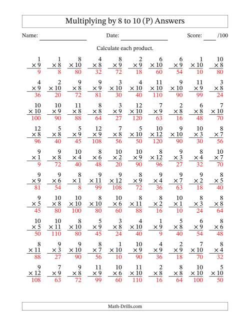 The Multiplying (1 to 12) by 8 to 10 (100 Questions) (P) Math Worksheet Page 2