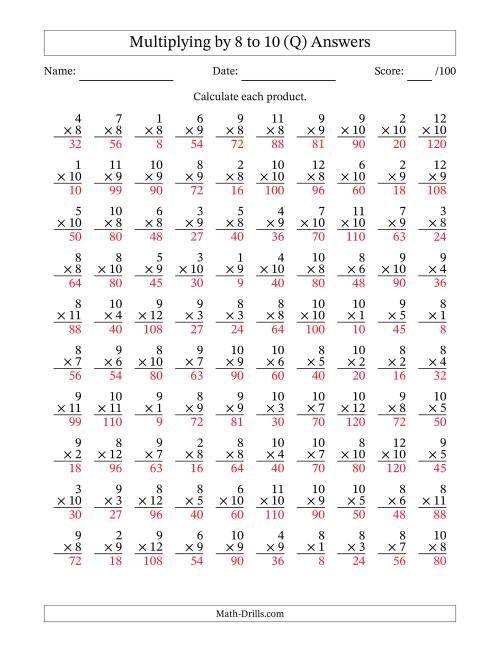 The Multiplying (1 to 12) by 8 to 10 (100 Questions) (Q) Math Worksheet Page 2