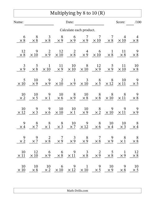 The Multiplying (1 to 12) by 8 to 10 (100 Questions) (R) Math Worksheet