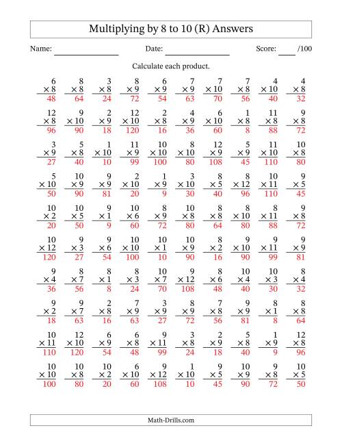 The Multiplying (1 to 12) by 8 to 10 (100 Questions) (R) Math Worksheet Page 2