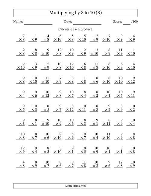 The Multiplying (1 to 12) by 8 to 10 (100 Questions) (S) Math Worksheet