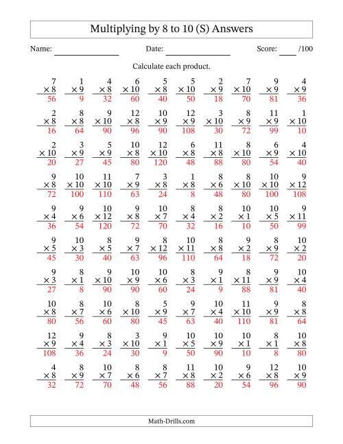 The Multiplying (1 to 12) by 8 to 10 (100 Questions) (S) Math Worksheet Page 2