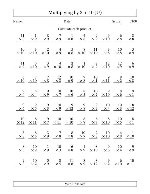 The Multiplying (1 to 12) by 8 to 10 (100 Questions) (U) Math Worksheet