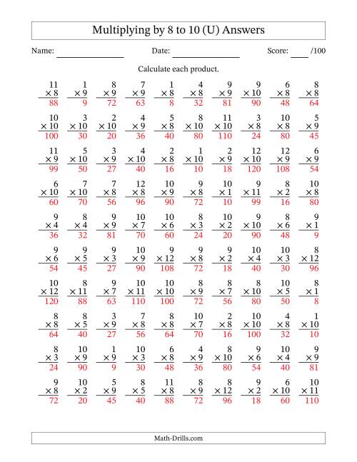 The Multiplying (1 to 12) by 8 to 10 (100 Questions) (U) Math Worksheet Page 2
