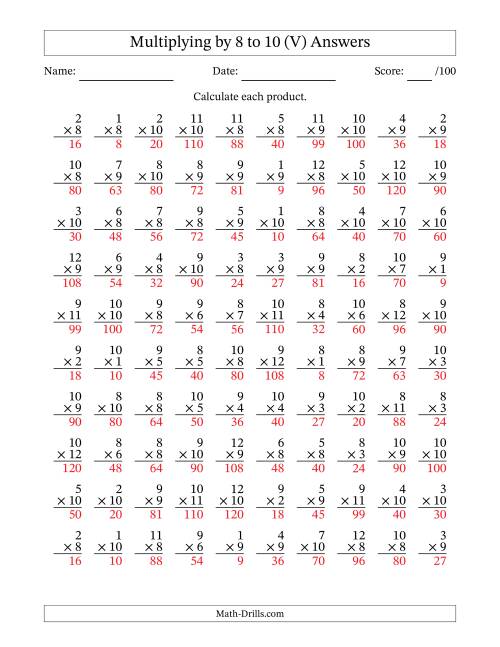 The Multiplying (1 to 12) by 8 to 10 (100 Questions) (V) Math Worksheet Page 2