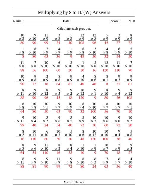 The Multiplying (1 to 12) by 8 to 10 (100 Questions) (W) Math Worksheet Page 2