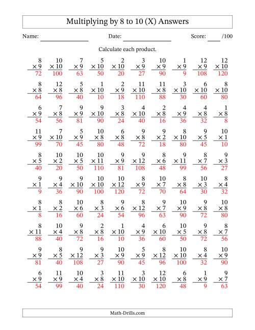 The Multiplying (1 to 12) by 8 to 10 (100 Questions) (X) Math Worksheet Page 2