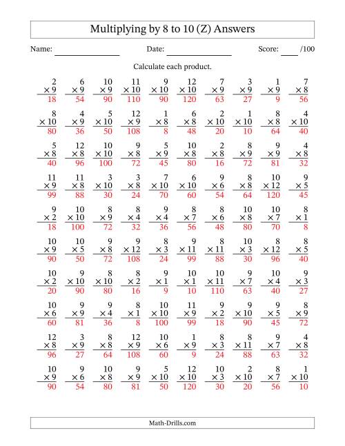 The Multiplying (1 to 12) by 8 to 10 (100 Questions) (Z) Math Worksheet Page 2