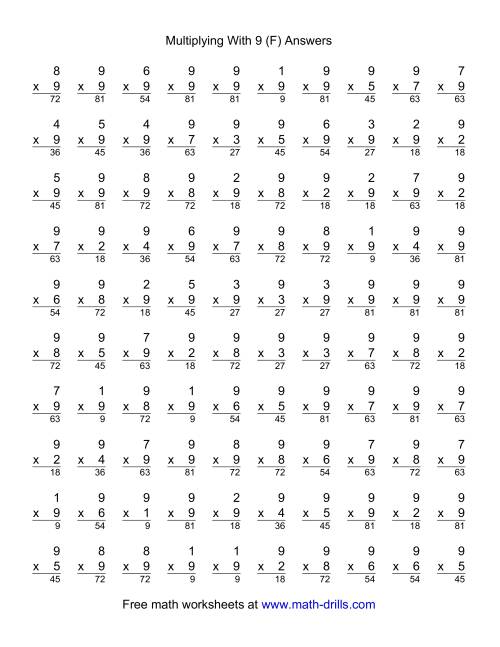 The 100 Vertical Questions -- Multiplication Facts -- 9 by 1-9 (F) Math Worksheet Page 2